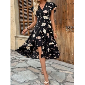 Kadın Kısa Kelebek Kollu Kruvaze Yakalı Belden Kuşaklı Midi Süprem Elbise