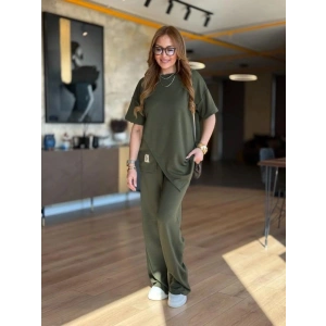 Kadın Kısa Kollu Bisiklet Yaka Asimetrik Viskon Iki Iplik Bluz Ve Pantolon Ikili Takım