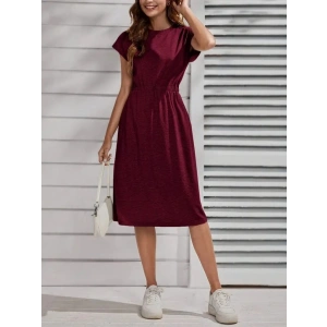 Kadın Kısa Kollu Bisiklet Yaka Belden Lastikli Midi Viskon Elbise