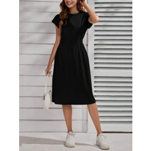 Kadın Kısa Kollu Bisiklet Yaka Belden Lastikli Midi Viskon Elbise