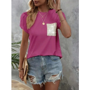 Kadın Kısa Kollu Bisiklet Yaka Cep Pul Payet Detay Viskon Bluz