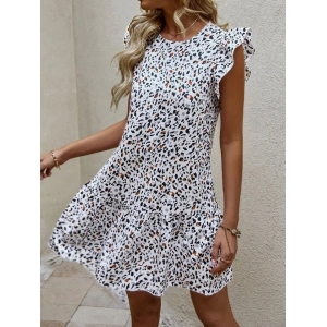 Kadın Kısa Kollu Bisiklet Yaka Etek Ucu Volanlı Kısa Dokuma Elbise
