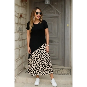 Kadın Kısa Kollu Bisiklet Yaka Leopar Detaylı Midi üst Viskon Alt Süprem Elbise