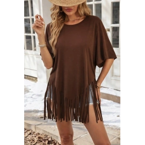 Kadın Kısa Kollu Bisiklet Yaka Püsküllü Viskon Bluz