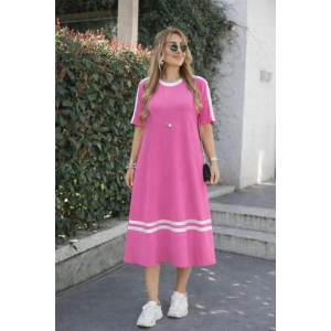 Kadın Kısa Kollu Bisiklet Yaka şerit Detaylı Midi Viskon Elbise