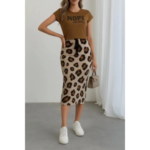 Kadın Kısa Kollu Bisiklet Yaka Viskon Bluz Desenli Dalgıç Etek Ikili Takım