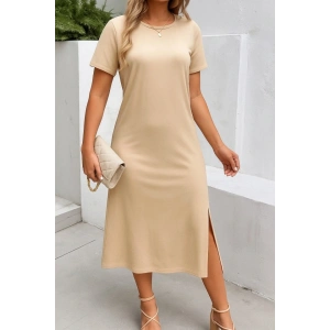 Kadın Kısa Kollu Bisiklet Yaka Yandan Yırtmaçlı Viskon Elbise