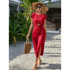 Kadın Kısa Kollu Bisiklet Yaka Yandan Yırtmaçlı Viskon Midi Elbise