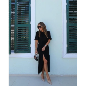 Kadın Kısa Kollu Bisiklet Yakalı Yandan Yırtmaçlı Büzgülü Janjan Krep Elbise