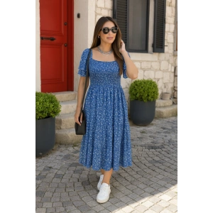 Kadın Kısa Kollu Gipe Detaylı Desenli Midi Süprem Elbise