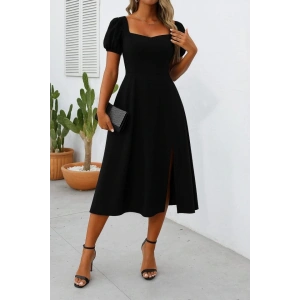 Kadın Kısa Kollu Kare Yakalı Yırtmaçlı Midi Janjan Krep Elbise