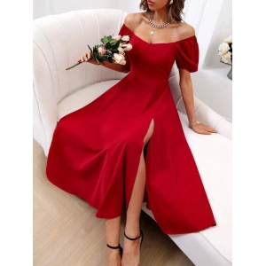 Kadın Kısa Kollu Kare Yakalı Yırtmaçlı Midi Janjan Krep Elbise