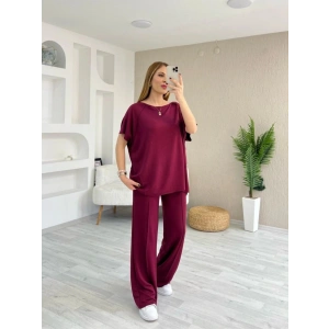 Kadın Kısa Kollu Kayık Yakalı Dikiş Izi Detaylı Viskon Iki Iplik Bluz Ve Pantolon Ikili Takım