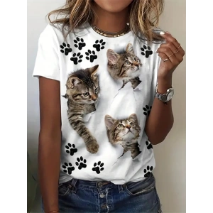 Kadın Kısa Kollu Kedi Ve Pati Baskılı Süprem T-shirt