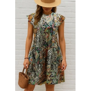 Kadın Kısa Kollu Kolları Fırfırlı Bisiklet Yakalı Kare Desenli Elbise