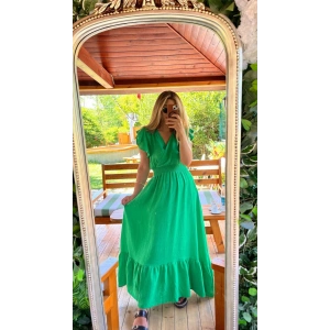 Kadın Kısa Kollu Kruvaze Yakalı Beli Lastikli Müslim Elbise