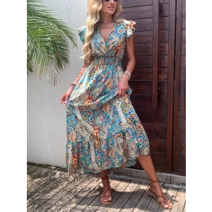 Kadın Kısa Kollu Kruvaze Yakalı Desenli Maxi Elbise