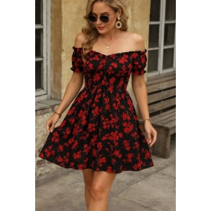 Kadın Kısa Kollu Madonna Yaka Beli Lastikli çiçek Desenli Kısa Süprem Elbise