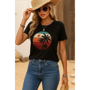 Kadın Kısa Kollu Palmiye Baskılı Viskon T-shirt