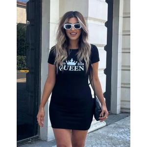 Kadın Kısa Kollu Queen Baskı Iki Iplik Mini Elbise