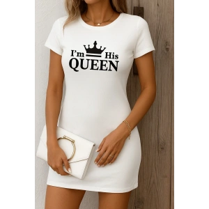 Kadın Kısa Kollu Queen Baskı Iki Iplik Mini Elbise