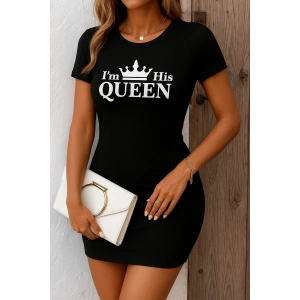 Kadın Kısa Kollu Queen Baskı Iki Iplik Mini Elbise