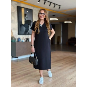 Kadın Kısa Kollu V Ribana Yakalı Yırtmaçlı Midi Viskon Iki Iplik Elbise