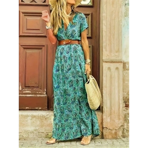 Kadın Kısa Kollu V Yaka Etnik Desenli Yırtmaç Detay Süprem Elbise (kemersiz)