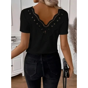 Kadın Kısa Kollu V Yakalı Arkası Dantelli Viskon Bluz