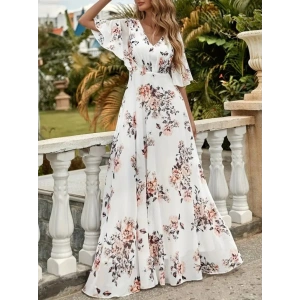 Kadın Kısa Kollu V Yakalı çiçek Desenli Süprem Elbise