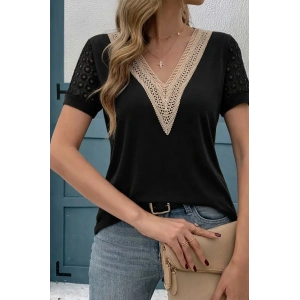 Kadın Kısa Kollu V Yakalı Dantel Detaylı Viskon Bluz