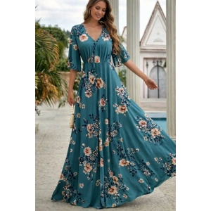 Kadın Kısa Kollu V Yakalı Desenli Süprem Elbise