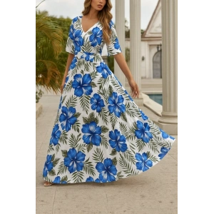 Kadın Kısa Kollu V Yakalı Desenli Süprem Elbise