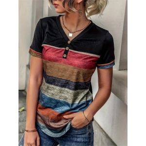 Kadın Kısa Kollu V Yakalı Düğmeli çok Renkli Süprem Bluz