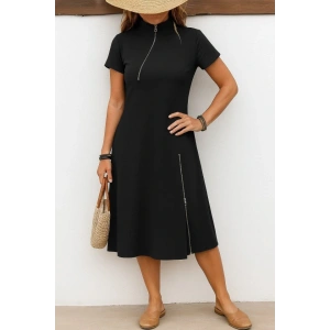 Kadın Kısa Kollu Yakadan Ve Etekten Fermuarlı Midi Viskon Iki Iplik Elbise