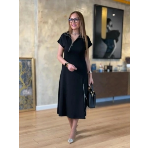 Kadın Kısa Kollu Yakadan Ve Etekten Fermuarlı Midi Viskon Iki Iplik Elbise