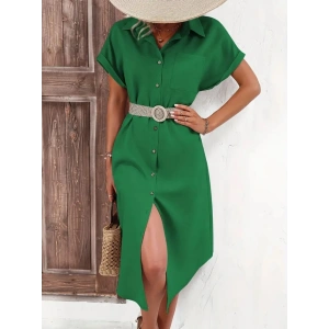 Kadın Kısa Kollu Yakalı Düğme Detay Midi Dokuma Elbise