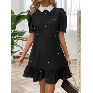 Kadın Kısa Kollu Yakalı Inci Detaylı Kısa Ithal Krep Elbise