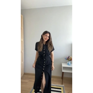 Kadın Kısa Kollu Yakalı önden Düğmeli Beli Kuşaklı Ithal Keten Elbise