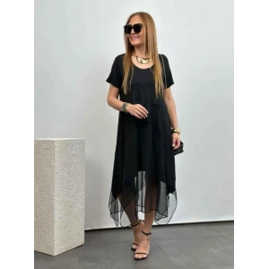Kadın Kısa Kollu Yuvarlak Tüllü Asimetrik Detaylı Viskon Elbise
