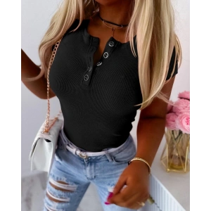 Kadın Kısa Kollu Yuvarlak Yakalı Düğme Detay Kaşkorse Bluz