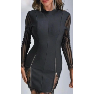 Kadın Kolları Ve Etek Ucu Dantel Detay Fermuar Dekolteli Skuba Kumaş Mini Elbise