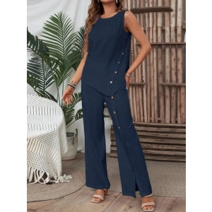 Kadın Kolsuz Düğmeli Asimetrik Detaylı Bürümcük Bluz Ve Pantolon Takım