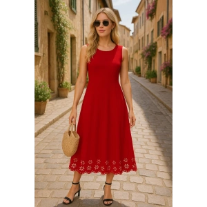 Kadın Kolsuz Etek Ucu Lazer Kesim çiçek Desenli Midi Boy Ithal Krep Elbise