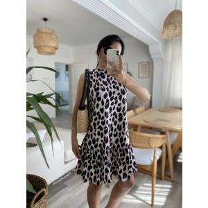 Kadın Kolsuz Sırttan Bağlamalı Fırfırlı Leopar Desenli Süprem Elbise
