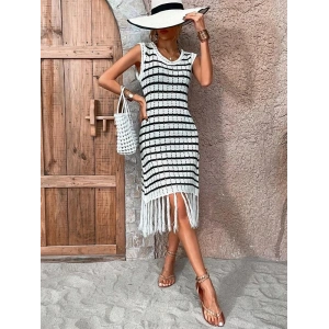 Kadın Kolsuz V Yaka Eteği Püsküllü çizgi Desen Triko Elbise