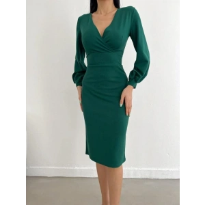 Kadın Kruvaze Yaka Balon Kol Midi Boy Elbise