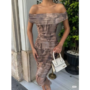 Kadın Madonna Yaka Dalga Desen Midi Boy şifon Elbise