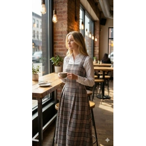 Kadın Omuz Askılı Full Ekose Detay Elbise