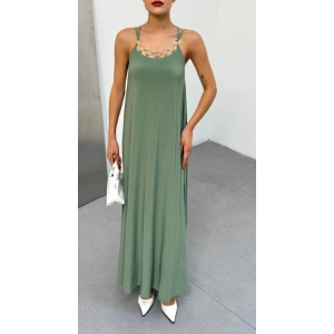 Kadın Omuz Askılı Kuş Gözü Zincir Detay Sandy Kumaş Maxi Boy Elbise